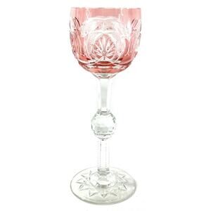 Bohemian Czech Cranberry Cut to Clear Crystal Hock Wine Glass 8” Vintage Goblet